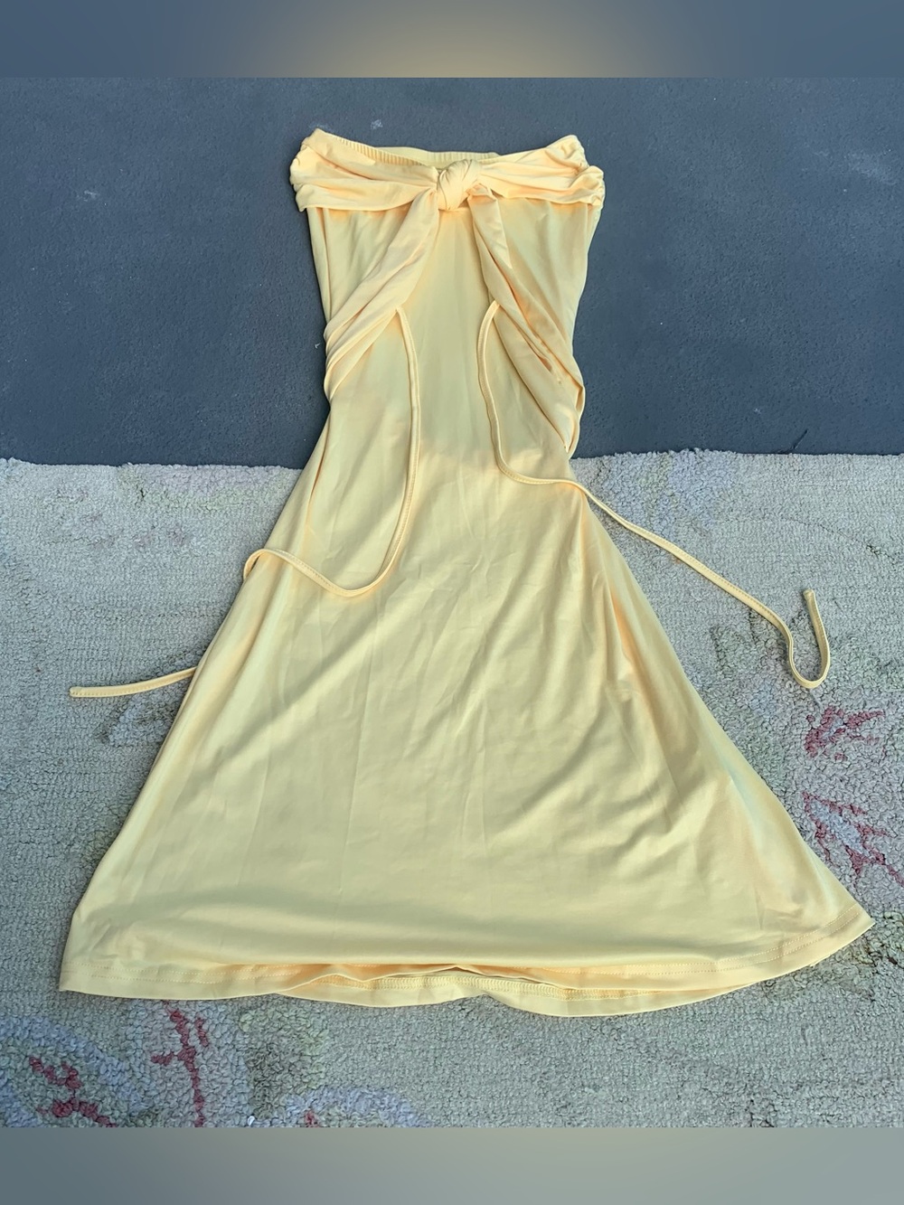 Pastel Yellow Tube Top Dress with Draped Neckline and Side Ties size S